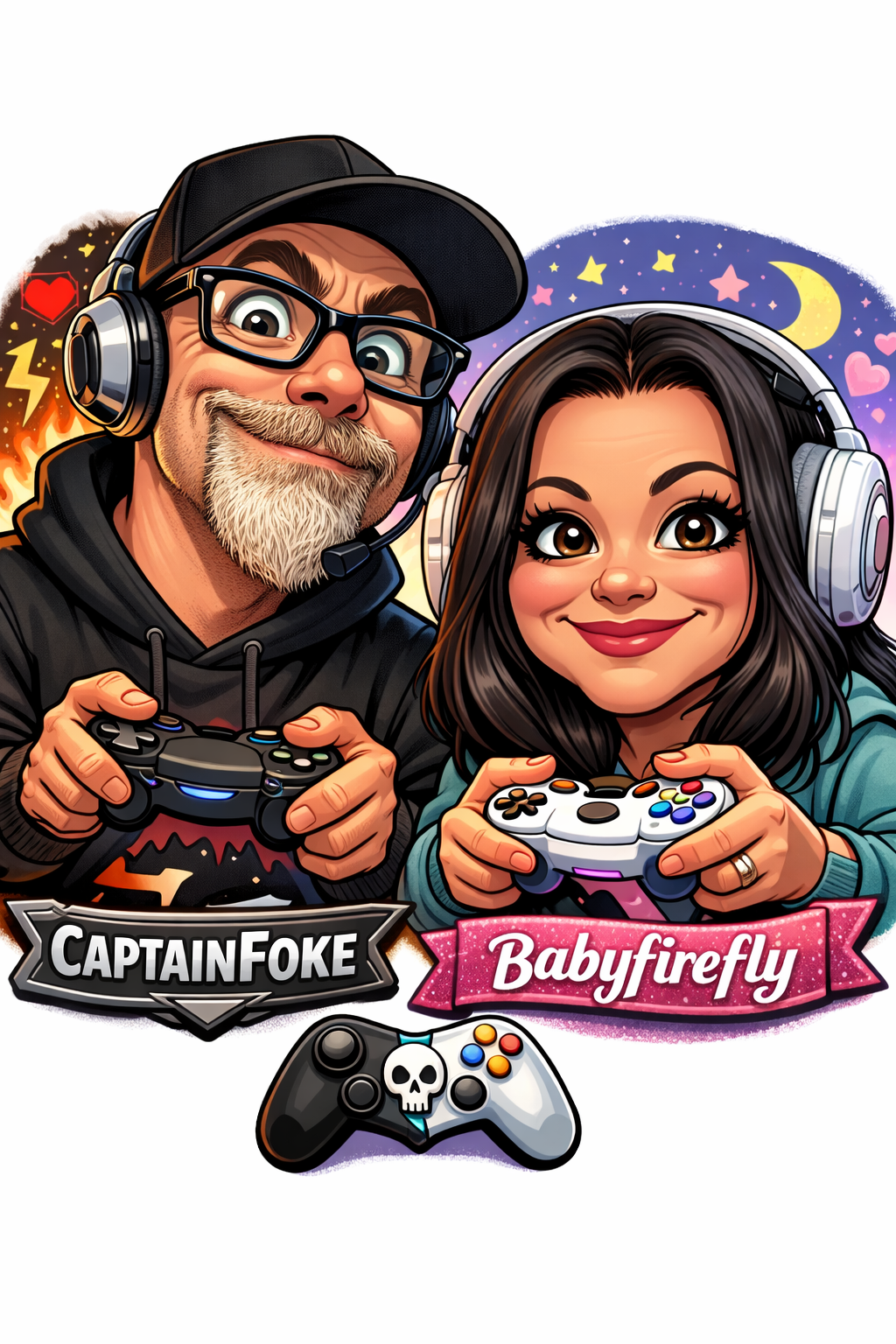 Cartoon Captain Foke and Babyfirefly wearing headsets and holding game controllers