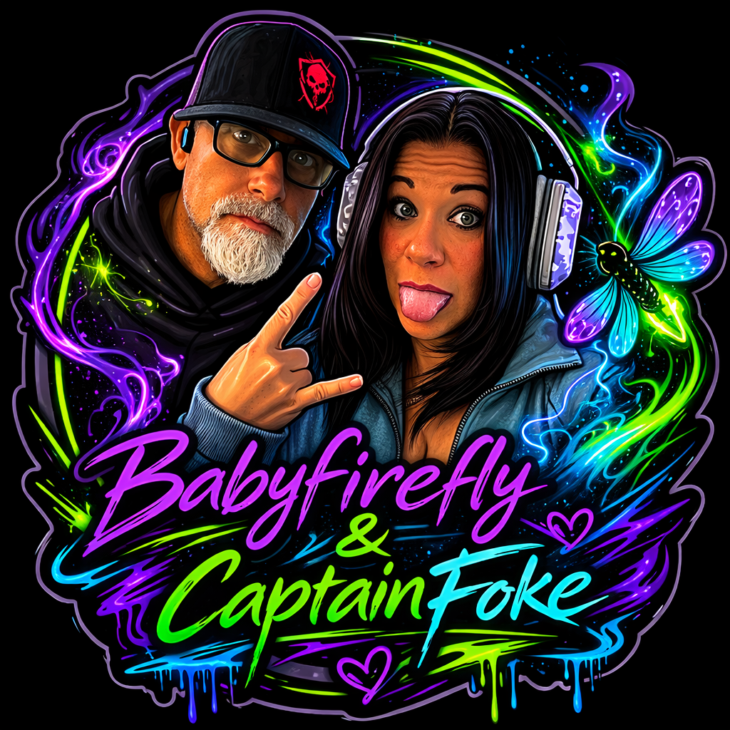 Captain Foke and Babyfirefly with their purple, green, and blue neon artwork