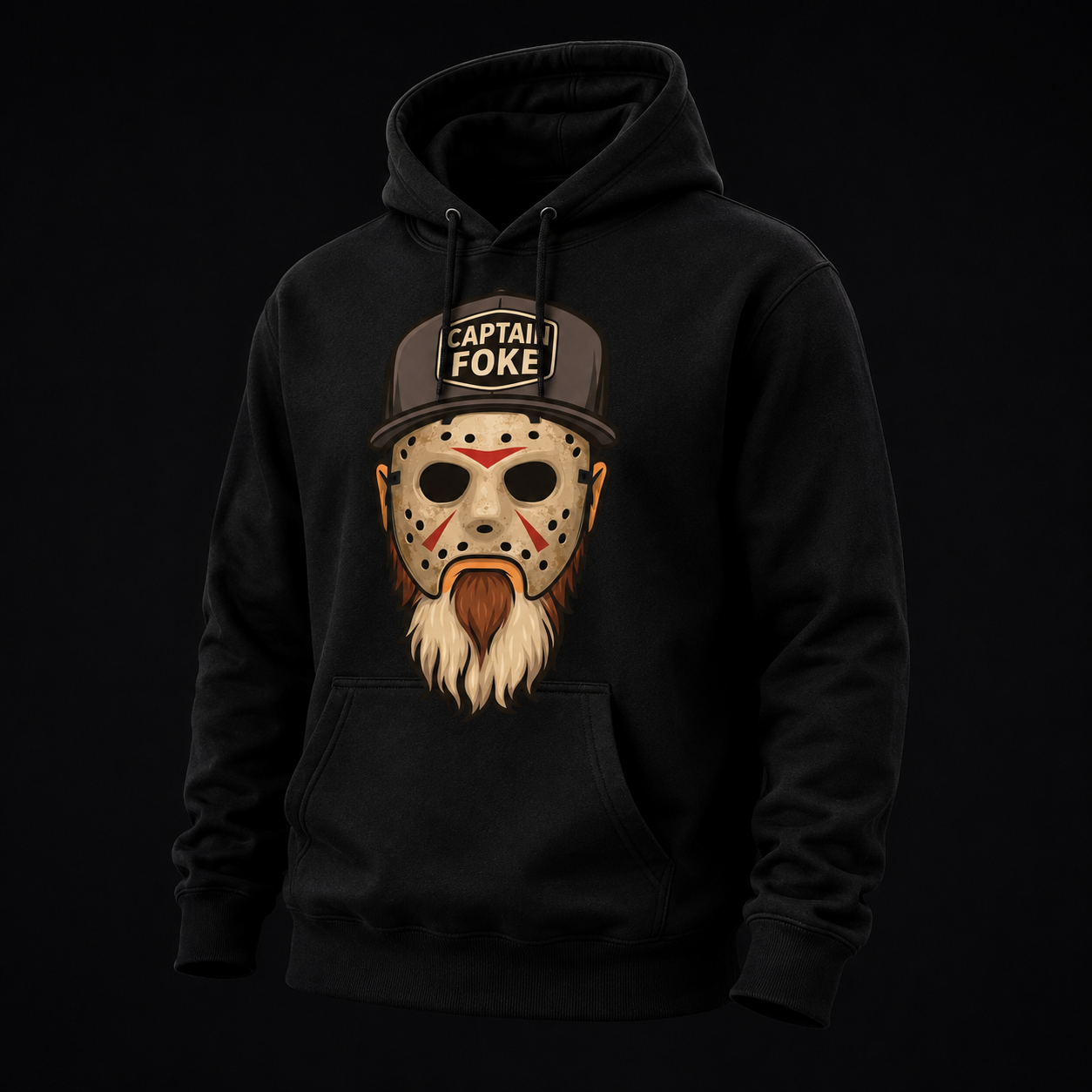 Merch concept: a black hoodie with Captain Foke’s hockey-mask artwork