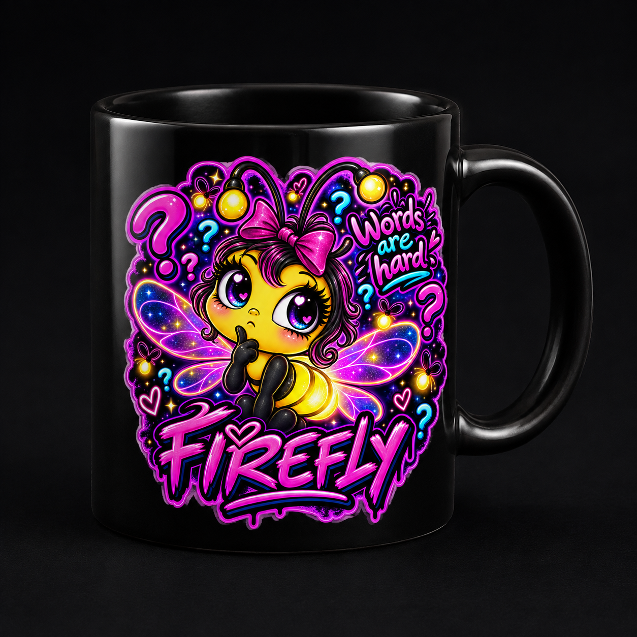 Merch concept: a black mug with Babyfirefly’s pink mascot artwork