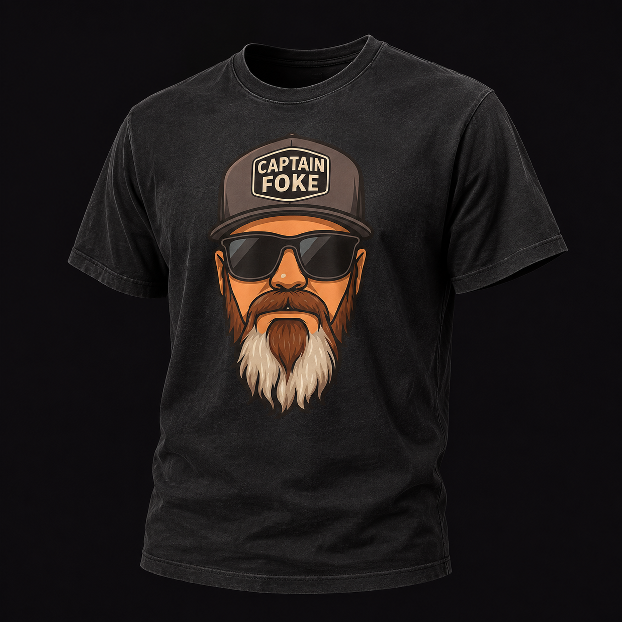 Merch concept: a washed black tee with the Captain Foke cap-and-beard artwork